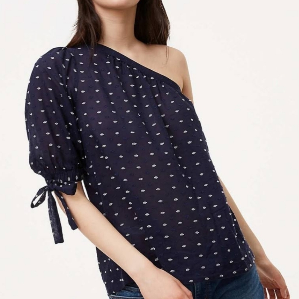 Ann Taylor LOFT Cotton Swiss Dot One Shoulder Top Size‎ XS Navy Blue.